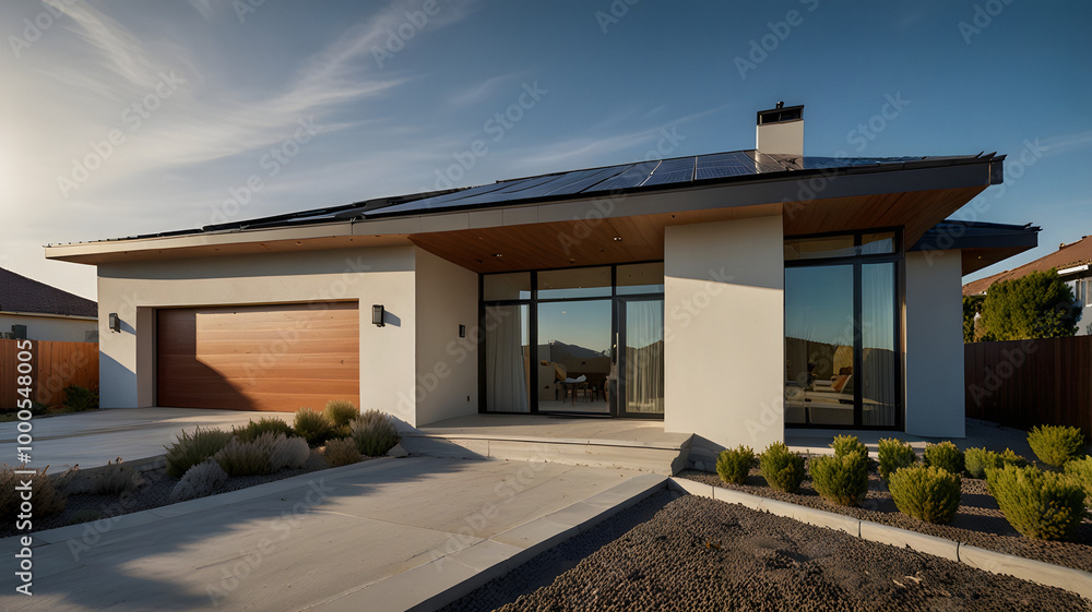 Home with solar panels on the roof under a bright sky. Clean and renewable energy source Home with solar panels on the roof under a bright sky. Clean and renewable energy source