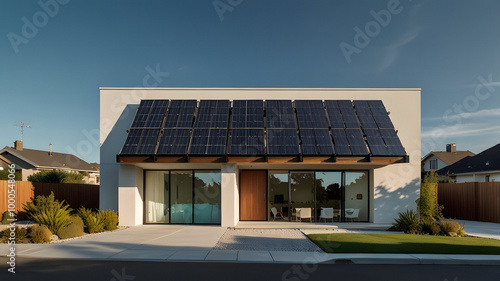 Home with solar panels on the roof under a bright sky. Clean and renewable energy source