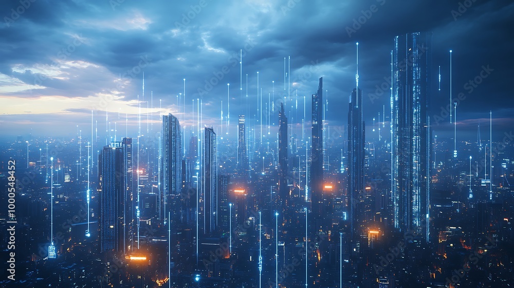 custom made wallpaper toronto digitalFuturistic cityscape with glowing lines connecting skyscrapers.