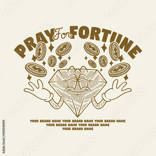retro cartoon emblem of diamond and coins