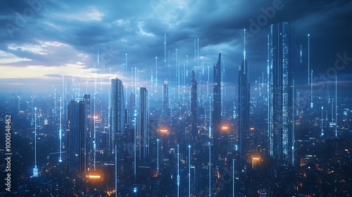 Wallpaper Mural Futuristic cityscape with glowing lines connecting skyscrapers. Torontodigital.ca