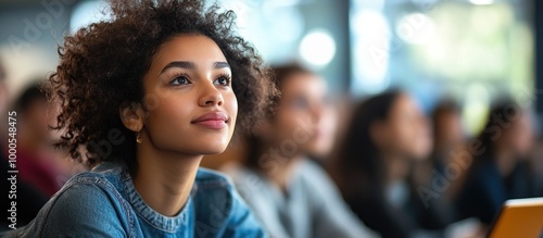 A Young Woman with Curly Hair Looking Up Thoughtfully