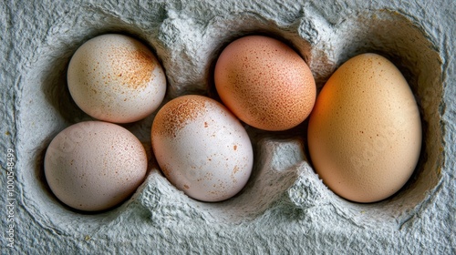 A collection of eggs in an egg carton, showcasing different sizes and colors. photo