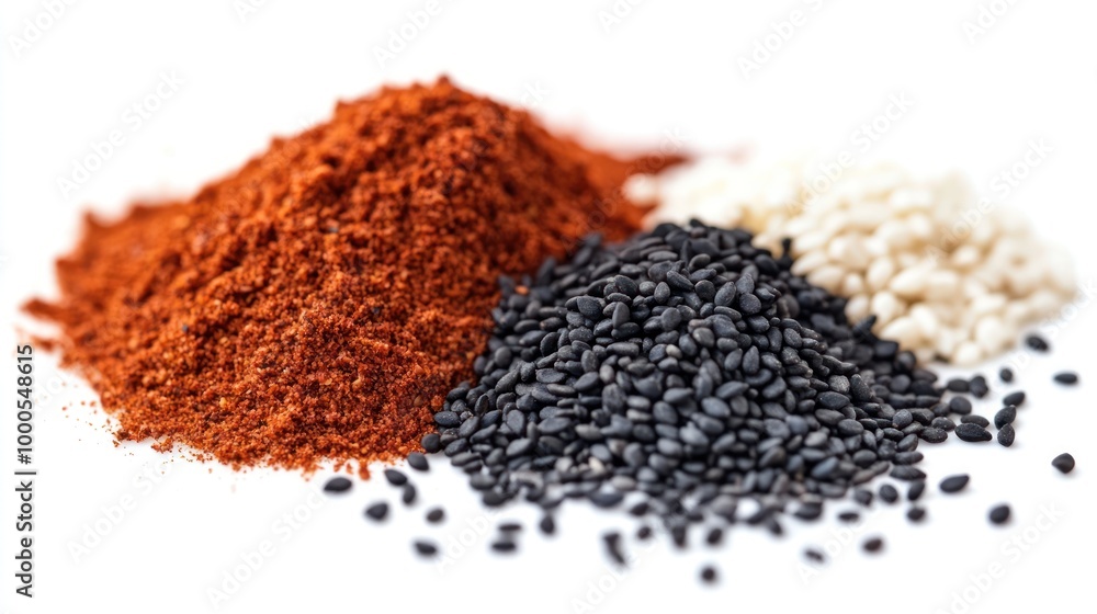 A vibrant arrangement of red chili powder, black sesame seeds, and white sesame seeds.