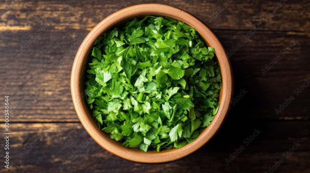 A bowl filled with freshly chopped green herbs, likely cilantro or parsley. A bowl filled with freshly chopped green herbs, likely cilantro or parsley.