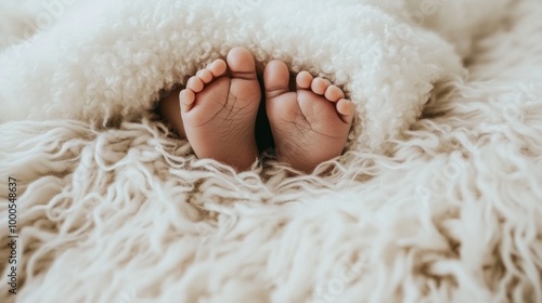 A close-up of baby feet peeking out from under a soft, fluffy blanket.