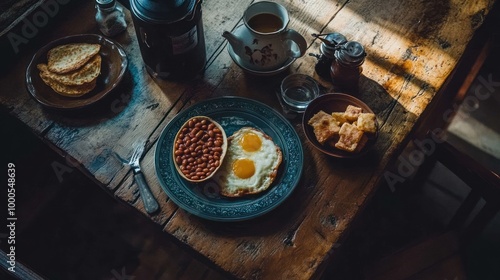 A rustic breakfast spread featuring eggs, beans, and pastries on a wooden table. photo