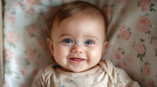 A photostock image of a baby smiling in a crib