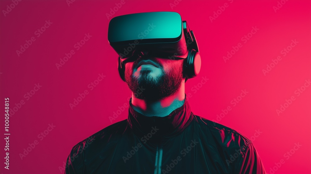 Man Wearing VR Headset Neon Lights Virtual Reality Future Technology Man Wearing VR Headset Neon Lights Virtual Reality Future Technology