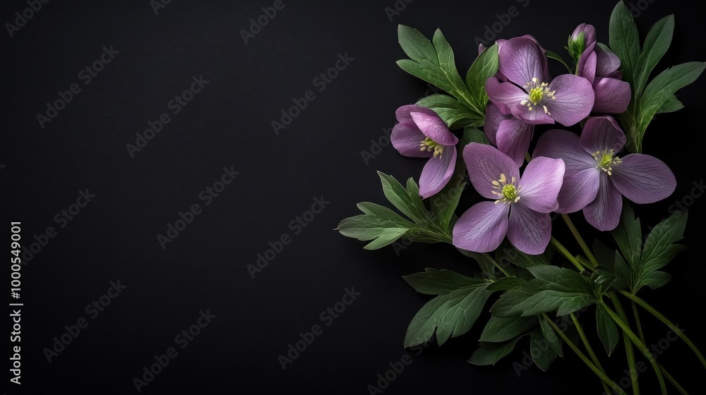 Obraz premium A bouquet of purple flowers against a black background, emphasizing beauty and elegance.
