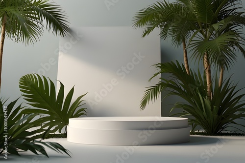 3D render podium, showcase on light white background with shadows in green tropical leaves of plants Generative AI