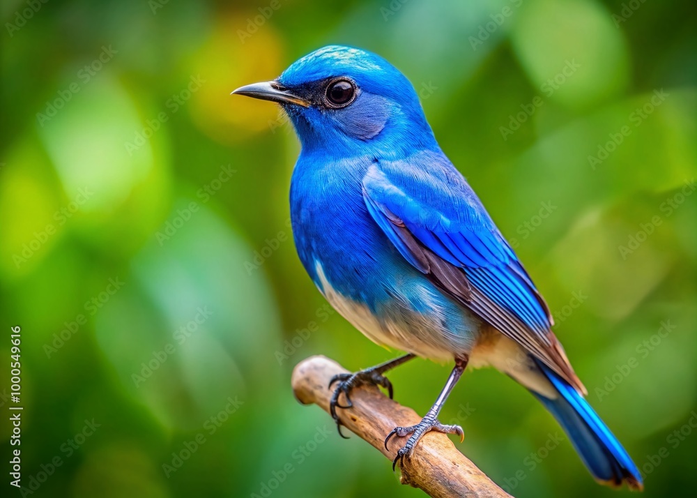 Vibrant Blue Bird Perched on a Branch Against a Clear Sky in a Lush Green Natural Environment Vibrant Blue Bird Perched on a Branch Against a Clear Sky in a Lush Green Natural Environment