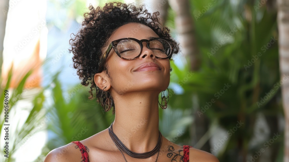 Beautiful Woman with Glasses and a Necklace Smiling in a Lush Garden Beautiful Woman with Glasses and a Necklace Smiling in a Lush Garden