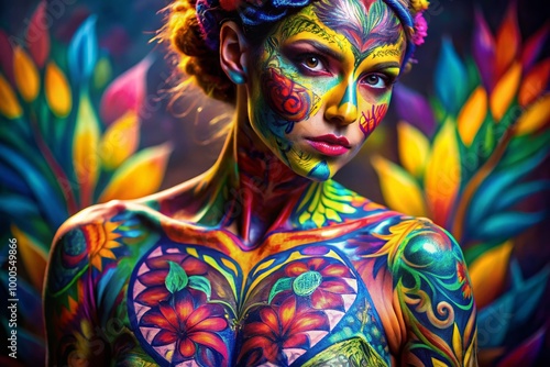 Vibrant Body Painting on Bare Skin with Colorful Designs and Abstract Patterns in Artistic Expression