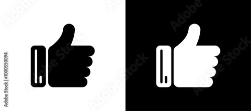 Contrasting thumbs up symbols on black and white backgrounds representing approval and positivity