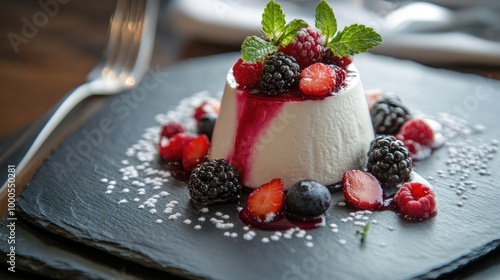 A beautifully plated dessert of panna cotta with fresh berries, served on a dark slate plate