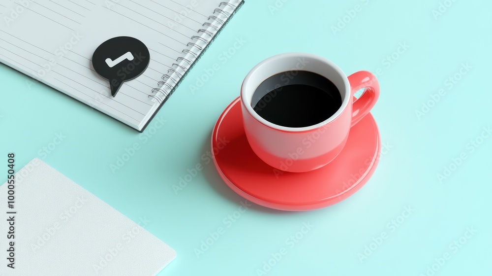 A coffee cup on a colorful surface alongside a notepad and a chat icon. A coffee cup on a colorful surface alongside a notepad and a chat icon.
