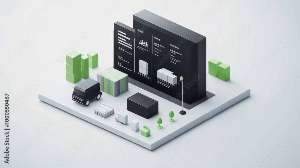 A 3D illustration of logistics with packages, a delivery truck, and information displays. A 3D illustration of logistics with packages, a delivery truck, and information displays.