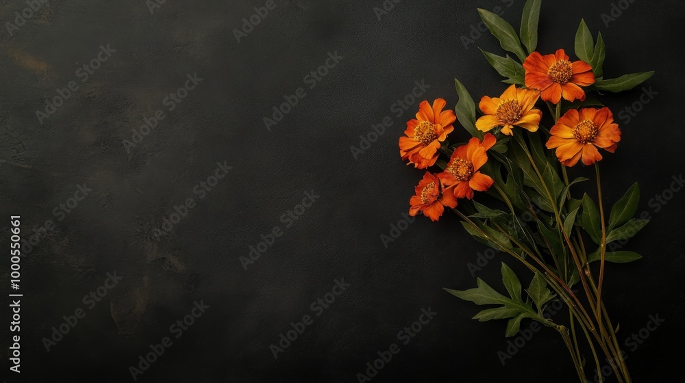 A bouquet of vibrant orange flowers against a dark background, evoking beauty and elegance.