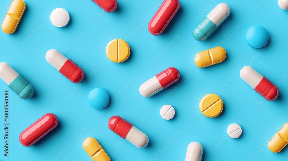 Colorful Pills and Tablets Scattered on Blue Background Pharmacy Medicine Healthcare C Colorful Pills and Tablets Scattered on Blue Background Pharmacy Medicine Healthcare C