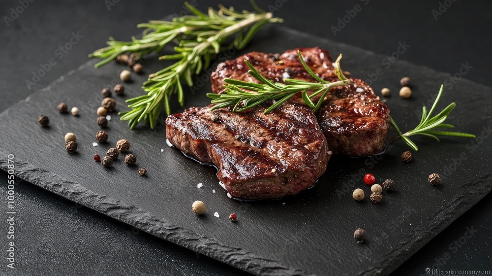 A dark slate plate showcasing grilled steak, with rosemary sprigs and peppercorns for a gourmet presentation A dark slate plate showcasing grilled steak, with rosemary sprigs and peppercorns for a gourmet presentation