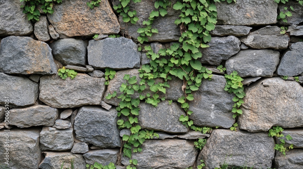 Obraz premium A dry stone wall made of rough-hewn rocks, with greenery growing in the gaps