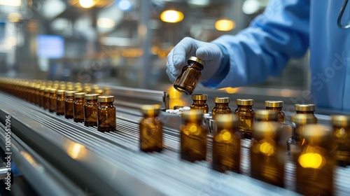 Phareutical Manufacturing  Close up of Bottles and Pills on Conveyor Belt photo