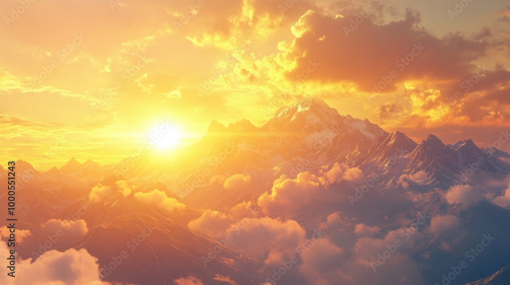 A glowing golden sky with soft clouds and the first rays of sunlight over a mountain range at dawn A glowing golden sky with soft clouds and the first rays of sunlight over a mountain range at dawn