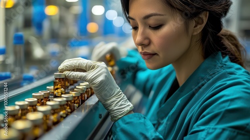 Woman in Lab Coat Inspecting Medication on Conveyor Belt photo