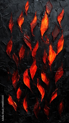 Abstract artwork depicting fiery shapes in red and orange against a dark background.