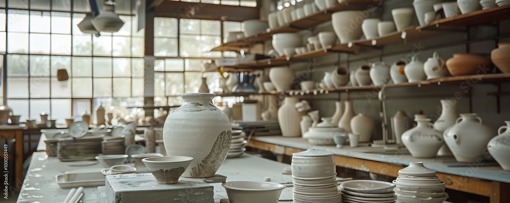 A serene pottery workshop filled with handmade ceramics and various pottery items displayed on shelves under natural light. A serene pottery workshop filled with handmade ceramics and various pottery items displayed on shelves under natural light.