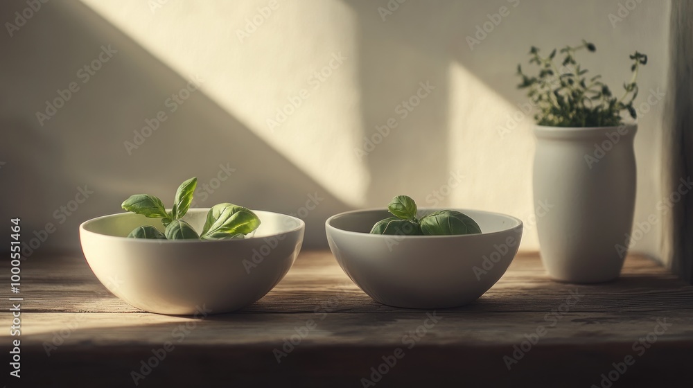 Two white bowls with fresh herbs and a small plant in a vase on a wooden surface. Two white bowls with fresh herbs and a small plant in a vase on a wooden surface.