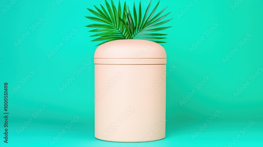 Minimalist Beige Product Podium with Palm Leaf on Turquoise Background Minimalist Beige Product Podium with Palm Leaf on Turquoise Background