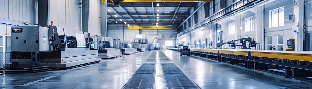 A spacious industrial workshop featuring advanced machinery, organized workspaces, and bright overhead lighting for productivity. A spacious industrial workshop featuring advanced machinery, organized workspaces, and bright overhead lighting for productivity.