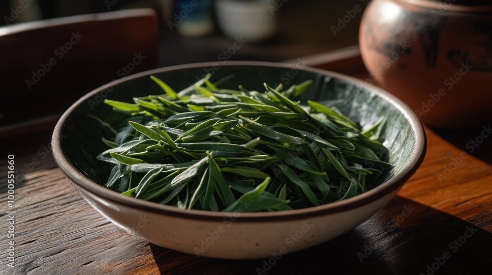 A bowl of fresh green leaves, likely used for cooking or garnishing dishes. A bowl of fresh green leaves, likely used for cooking or garnishing dishes.