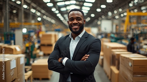 Confident Black Businessman in Suit Standing in a Warehouse