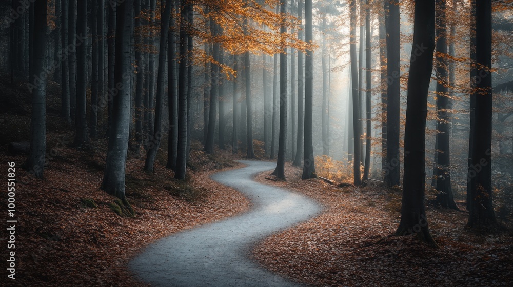 A winding path through a misty forest with autumn foliage. A winding path through a misty forest with autumn foliage.