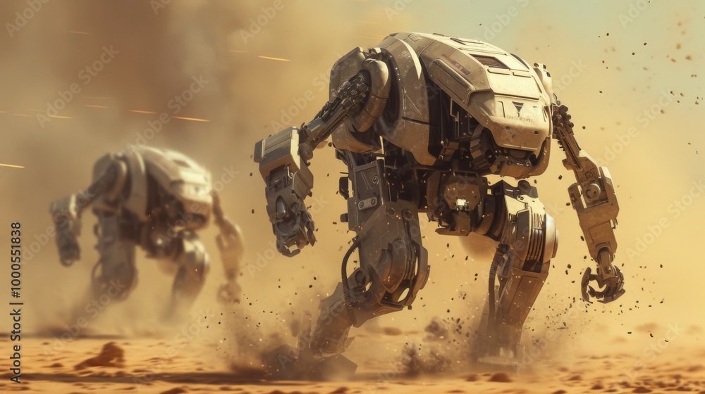 Obraz premium Two large combat robots move steadily through a sandy battlefield, their metallic exteriors reflecting power and durability. Dust and sparks fly as they engage in a high-tech warfare scenario.