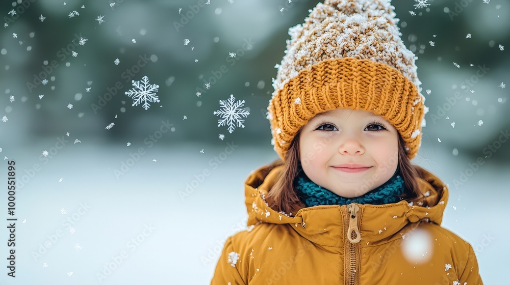 Happy Child in Winter Wonderland  Snowflakes Falling  Festive Season