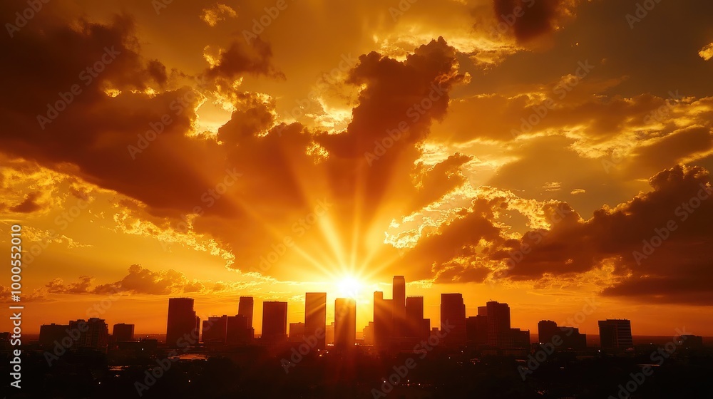 A radiant golden sky with dramatic clouds at sunset, casting a warm glow over a silhouetted city skyline A radiant golden sky with dramatic clouds at sunset, casting a warm glow over a silhouetted city skyline