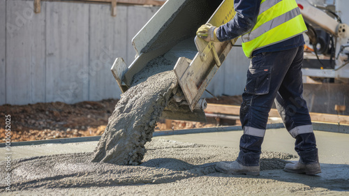 A man is pouring concrete into a hole. The concrete is coming out of a bucket. The man is wearing a yellow vest
