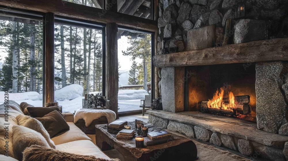 A rustic stone fireplace, with large rocks creating a warm and cozy focal point in a mountain cabin A rustic stone fireplace, with large rocks creating a warm and cozy focal point in a mountain cabin
