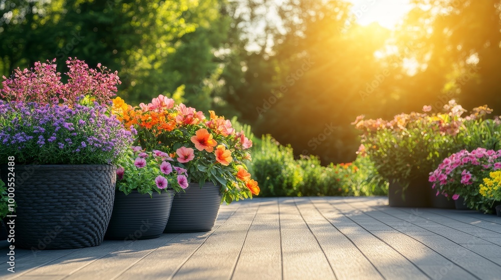 Planters in a circular layout on a sunlit patio, blooming flowers in vivid colors, creating a serene and inviting outdoor garden for relaxation Planters in a circular layout on a sunlit patio, blooming flowers in vivid colors, creating a serene and inviting outdoor garden for relaxation