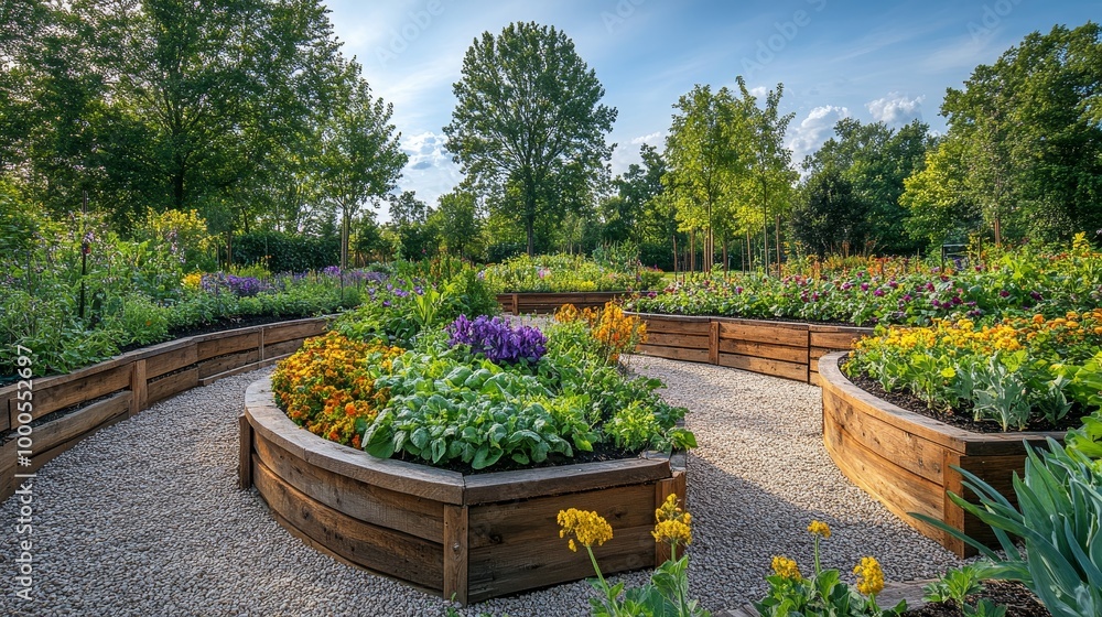 Obraz premium Radially arranged raised beds in a circular vegetable garden, filled with diverse plants and crops, beautifully aligned under clear blue skies