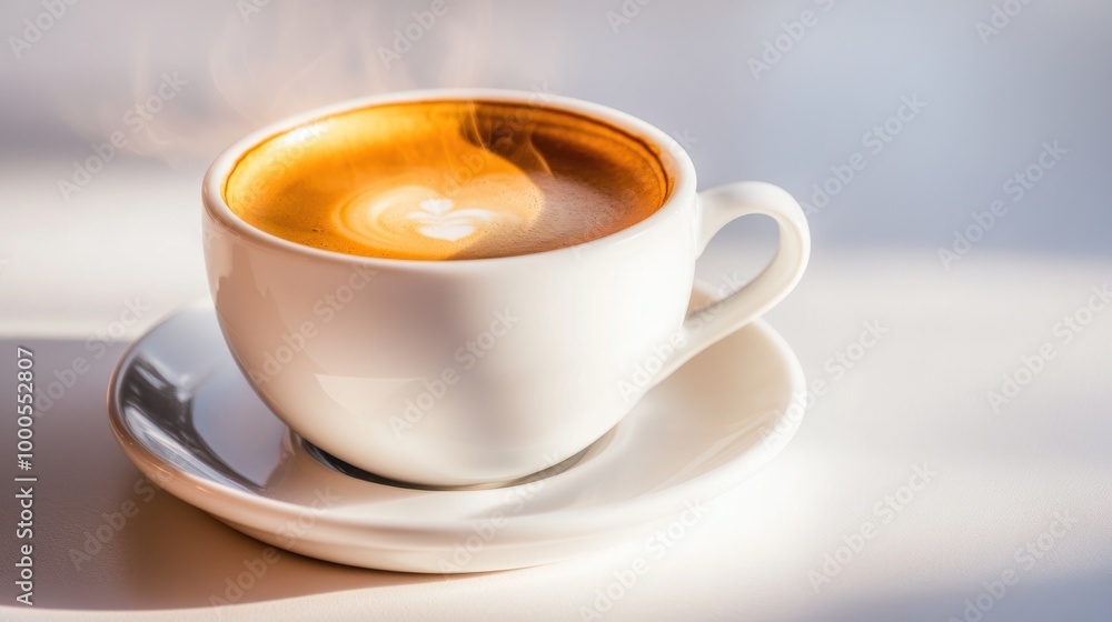 A steaming cup of coffee on a white surface, inviting and warm. A steaming cup of coffee on a white surface, inviting and warm.