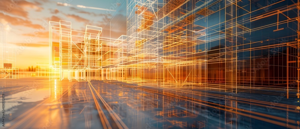 Fototapeta premium Abstract cityscape with futuristic design and vibrant colors at sunset, showcasing modern architecture and dynamic light trails.