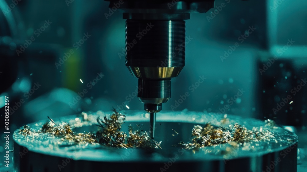 A close-up of a milling machine in action, producing metal shavings during machining. A close-up of a milling machine in action, producing metal shavings during machining.