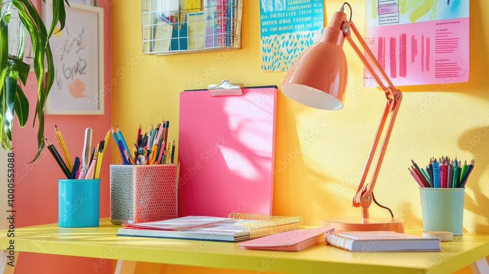 A work desk featuring a bright desk lamp, colorful notebooks, and a motivational poster, creating an energizing workspace A work desk featuring a bright desk lamp, colorful notebooks, and a motivational poster, creating an energizing workspace