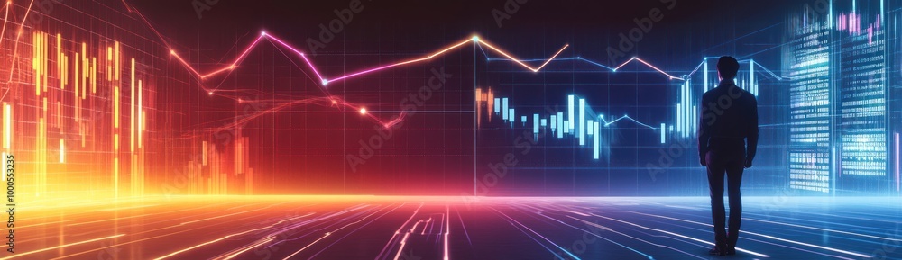 A silhouette of a person analyzing digital financial graphs and data. A silhouette of a person analyzing digital financial graphs and data.