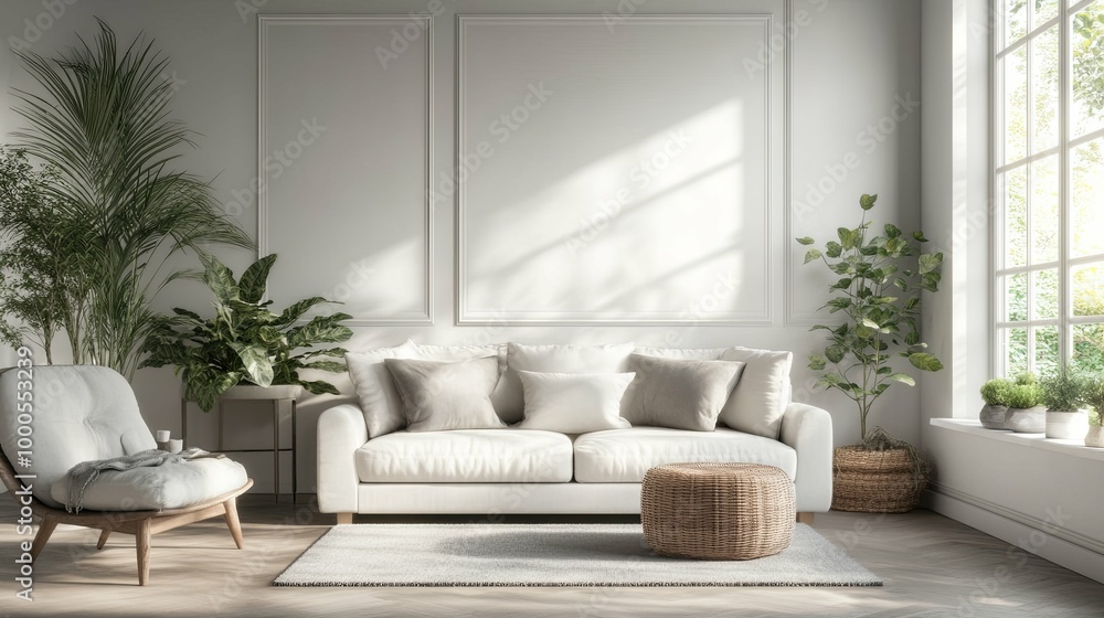 White Sofa and Armchair in a Minimalist Living Room with Plants White Sofa and Armchair in a Minimalist Living Room with Plants